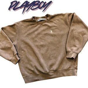 Vintage 90s Playboy Oversized Crewneck Sweatshirt Khaki 3D Studded Bunny Back